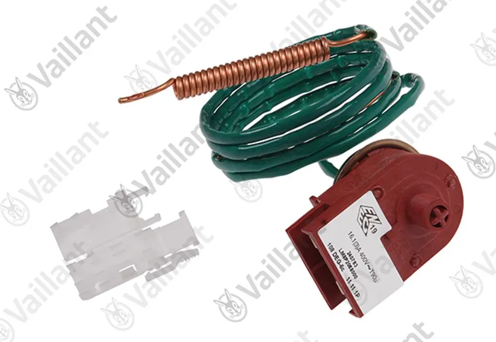 Vaillant Temperaturwächter mit grünem Kabelwickel und rotem Gehäuse. Enthalten ist ein Anschlussstecker und ein Metallkörper zum Temperaturbegrenzer.
